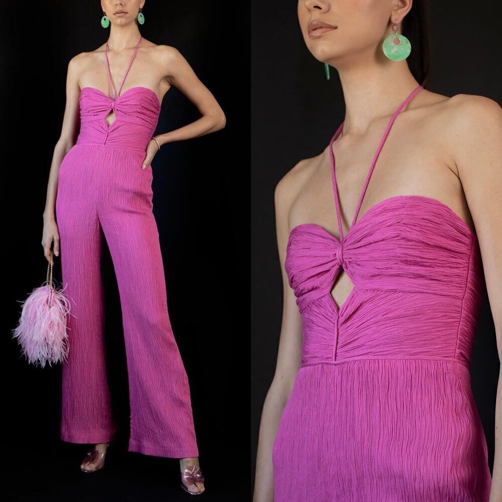 Alexis Jada Jumpsuit Halter Neck Flare Leg Pink Size XS Crepe Fabric